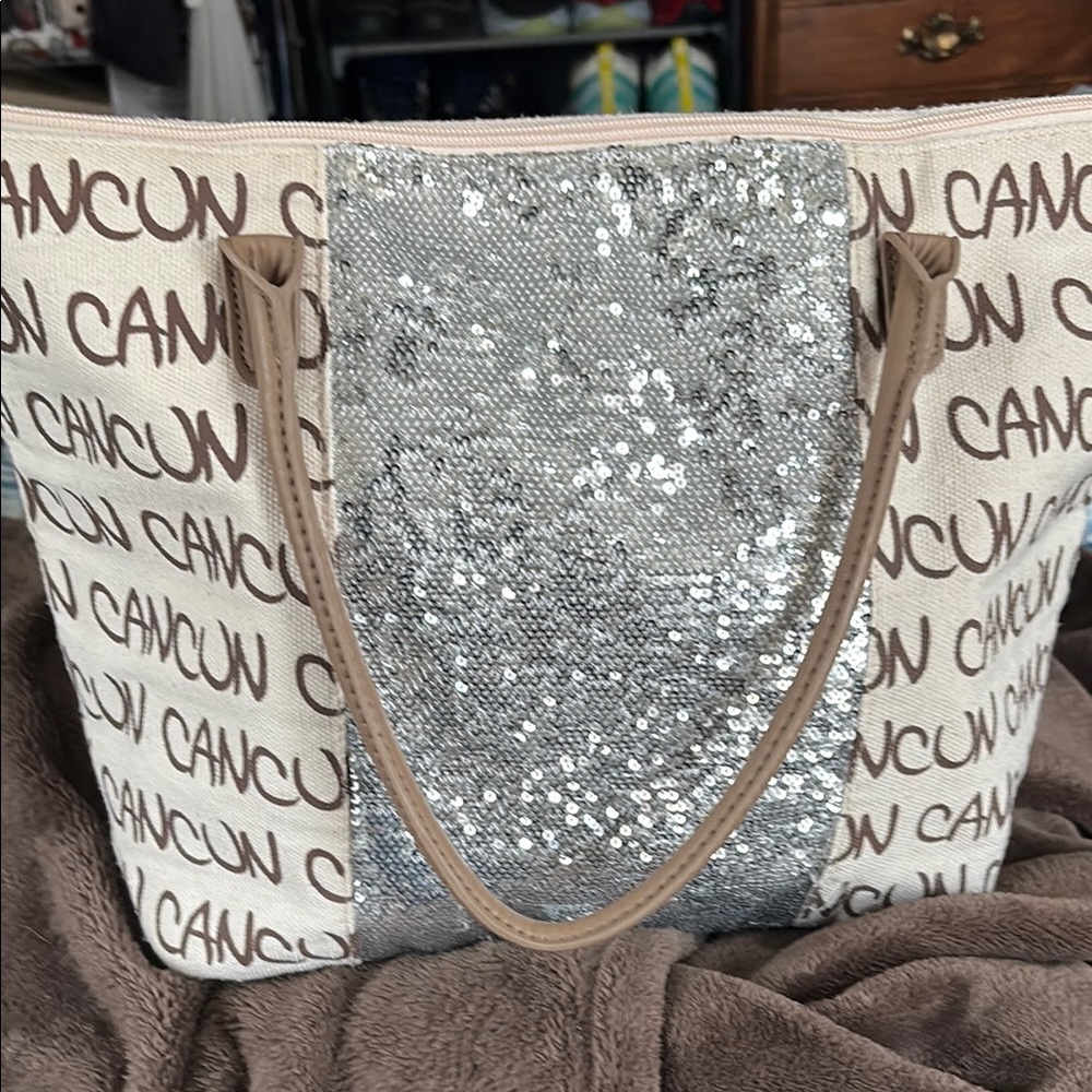 Robin Ruth Silver and Tan Tote Bag with Sequined Accent - Picture 1 of 5